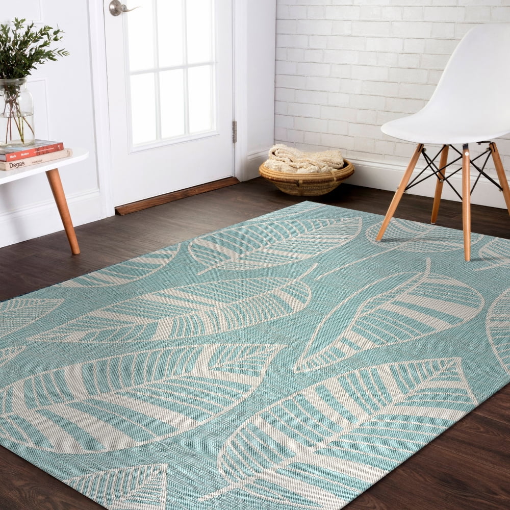 Lr Home 5' x 7' Green and White Fallen Leaves Outdoor Rug