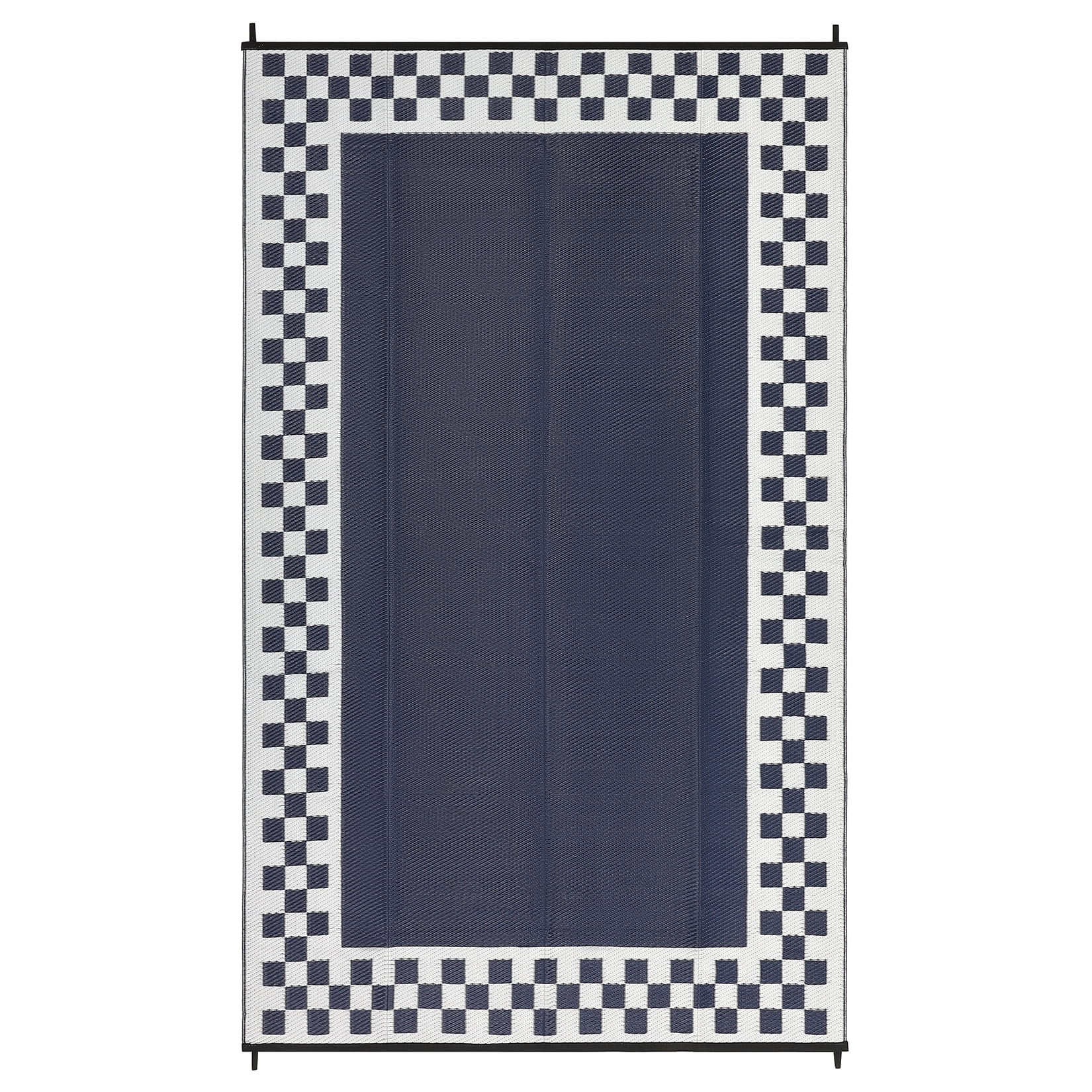 Waterproof Reversible Outdoor Rug 9x18ft – Large Woven Plastic Patio Carpet – Fade-Proof, Portable Picnic & Camping Mat with Stakes & Carry Bag – RV Awning, Deck, Porch, Beach – Black/Blue/White