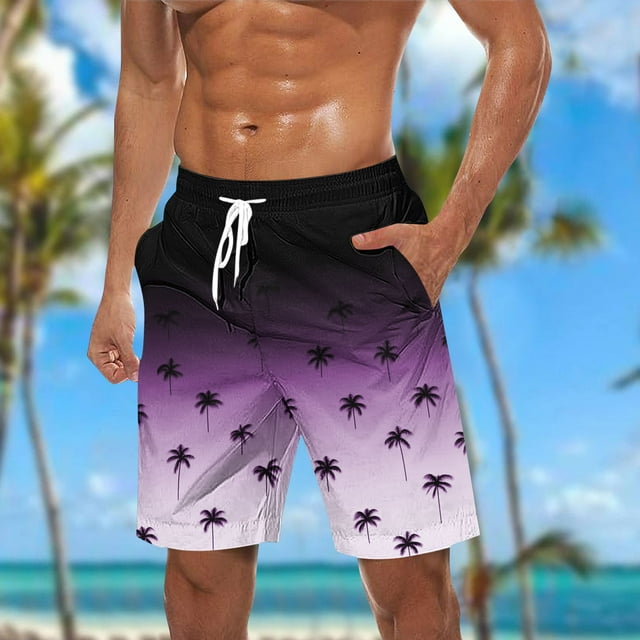 Sentmoon Workout Shorts Men Breathable Loose Summer Beach Shorts Palm Tree Print Drawstring High Waist Athletic Shorts with Pockets Stylish Man for Beach Vacation Purple S