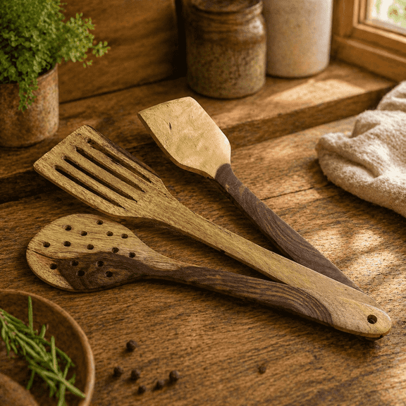 3-Piece Wooden Kitchen Utensil Set – Natural Wooden Spatula, Slotted Turner & Skimmer Spoon for Cooking, Frying, Mixing & Serving, Non-Scratch Cookware Safe