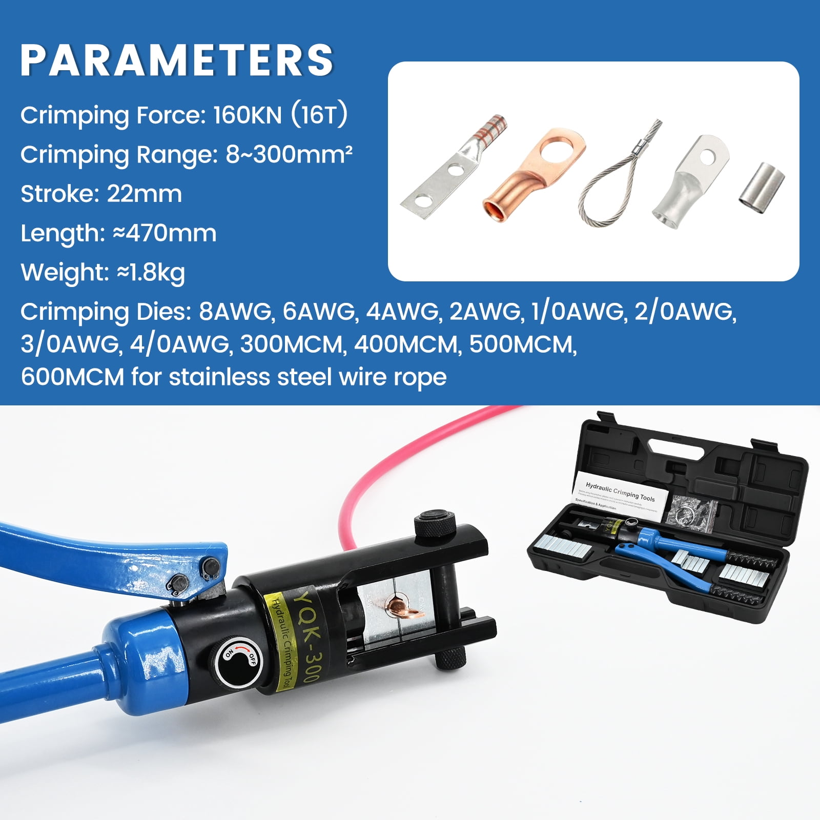 LCyindu 16T Hydraulic Battery Cable Crimper 8 AWG to 600 MCM Hydraulic Crimping Tool Cable Lug Crimper Electrical Terminal Wire Crimper with 13 Pairs of Dies Kit, Blue