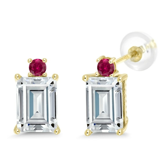 Gem Stone King 10K Yellow Gold Red Created Ruby Earrings Set with Moissanite (3.62 Cttw)