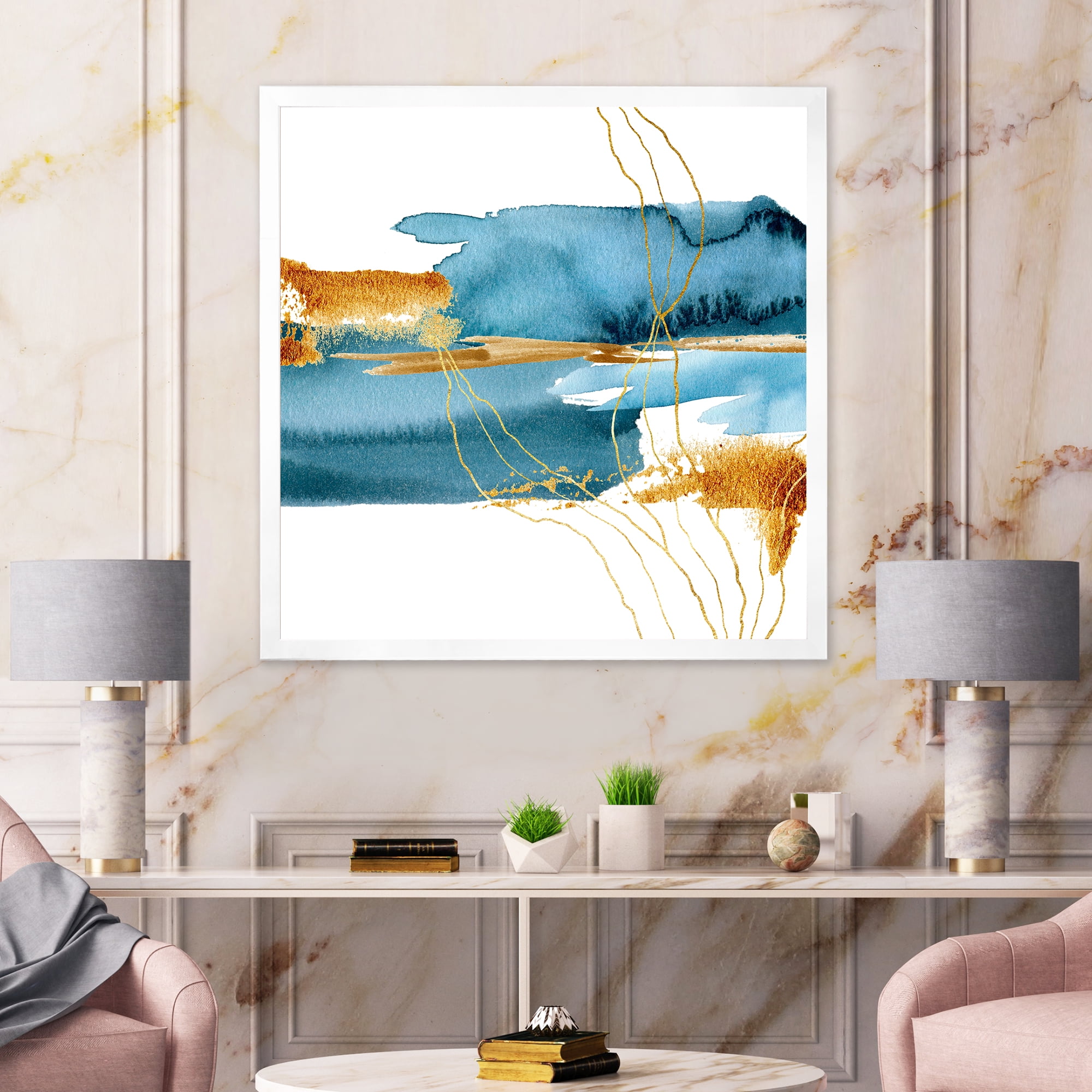 Designart 'Golden Laminaria Branch With Blue Underwater Plant' Modern Framed Art Print