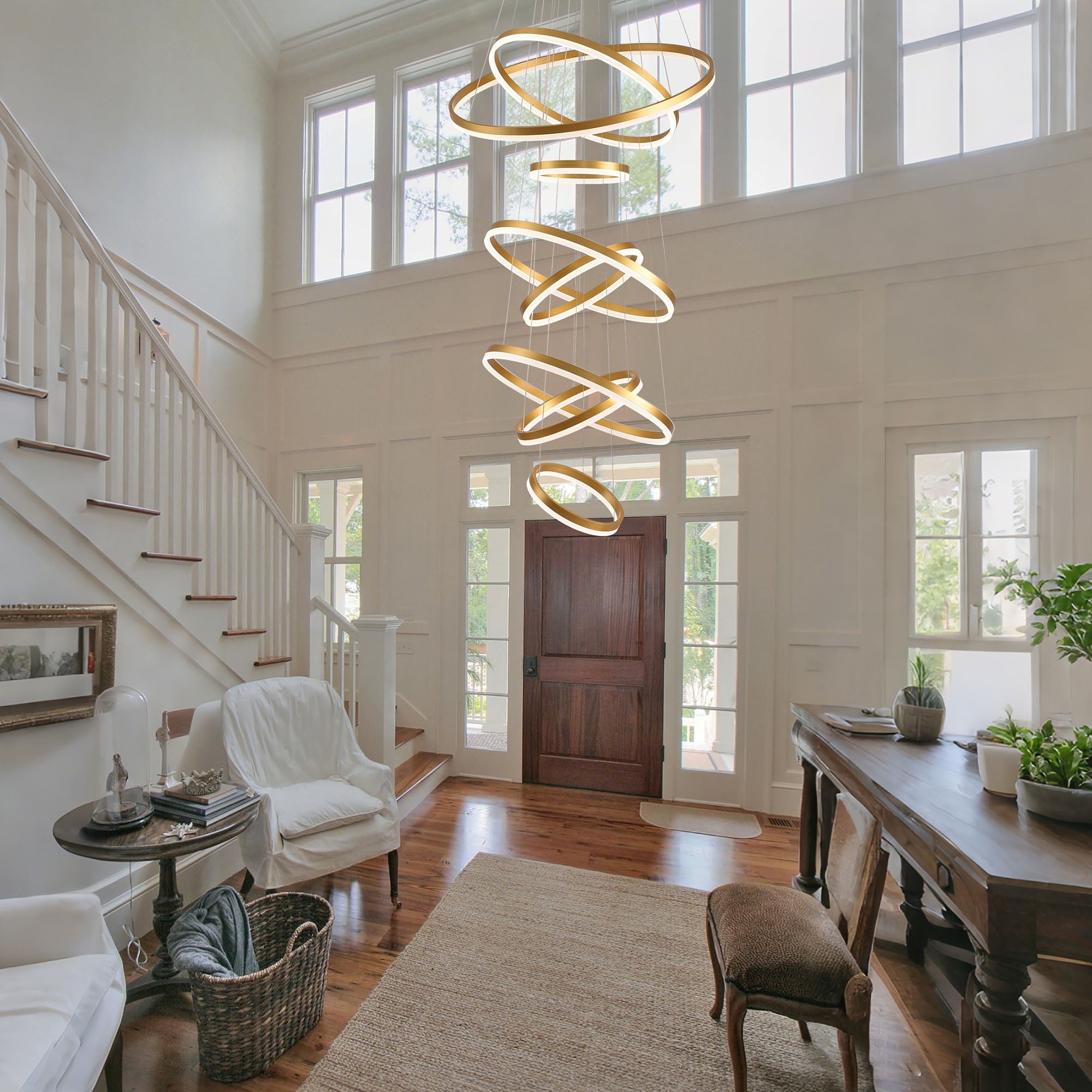 8 Ring Modern LED Chandelier, Dimmable Gold Ring High Ceiling Lighting with Romote Control,Large Foyer Chandeliers for Living Room Staircase Entryway