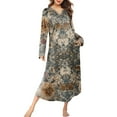 thumbnail image 2 of Women's Nightgown Sleep Dress Long Loungewear V-Neck Henley Nightdress with Pocket Floral Print for Spring Fall,Light Brown,2XL, 2 of 8