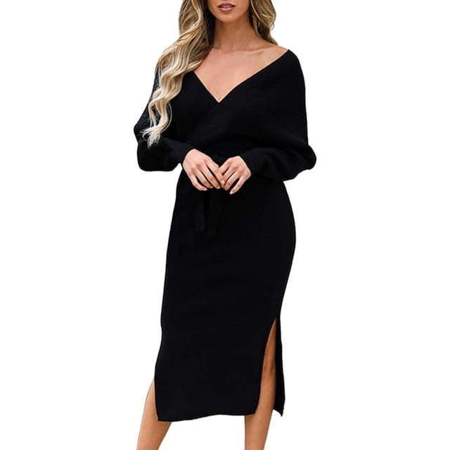 Vestido elegante de punto para mujer, cuello en V, manga larga y cinturón