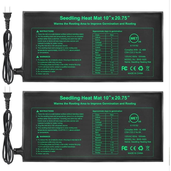 GYA Seeding Heat Mat 10"x 20.75", 2 Pack Waterproof Durable Heat Mat for Seed Starting, UL and MET Certified Plant Heating Pad for Seed Germination,Hydroponics, Greenhouses