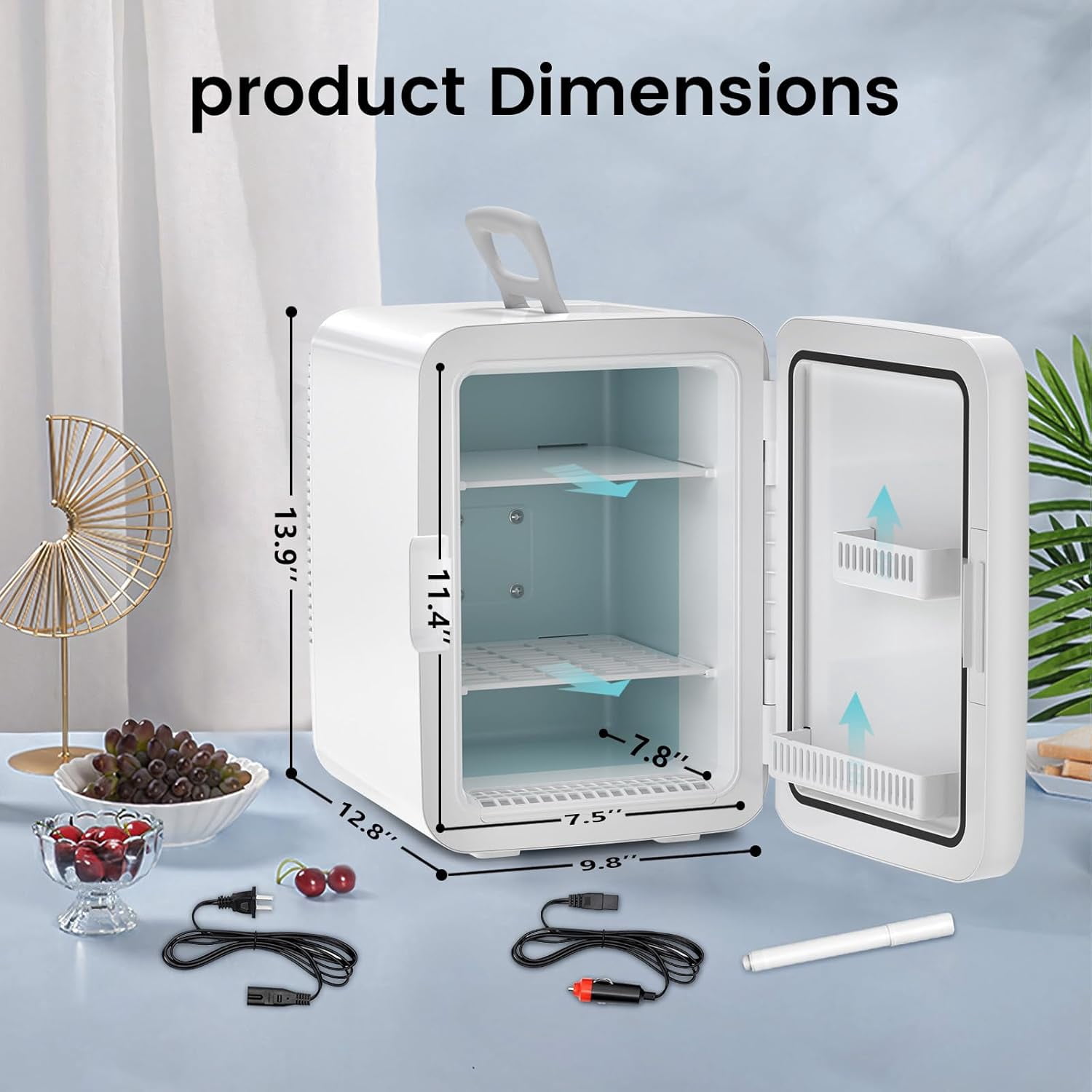 WAA Portable 2.6 Gal Mini Fridge with AC/DC Adapters 10 Liter Cosmetics Cooler for Beverage Food Skincare,White (Bedroom/Office/Car)