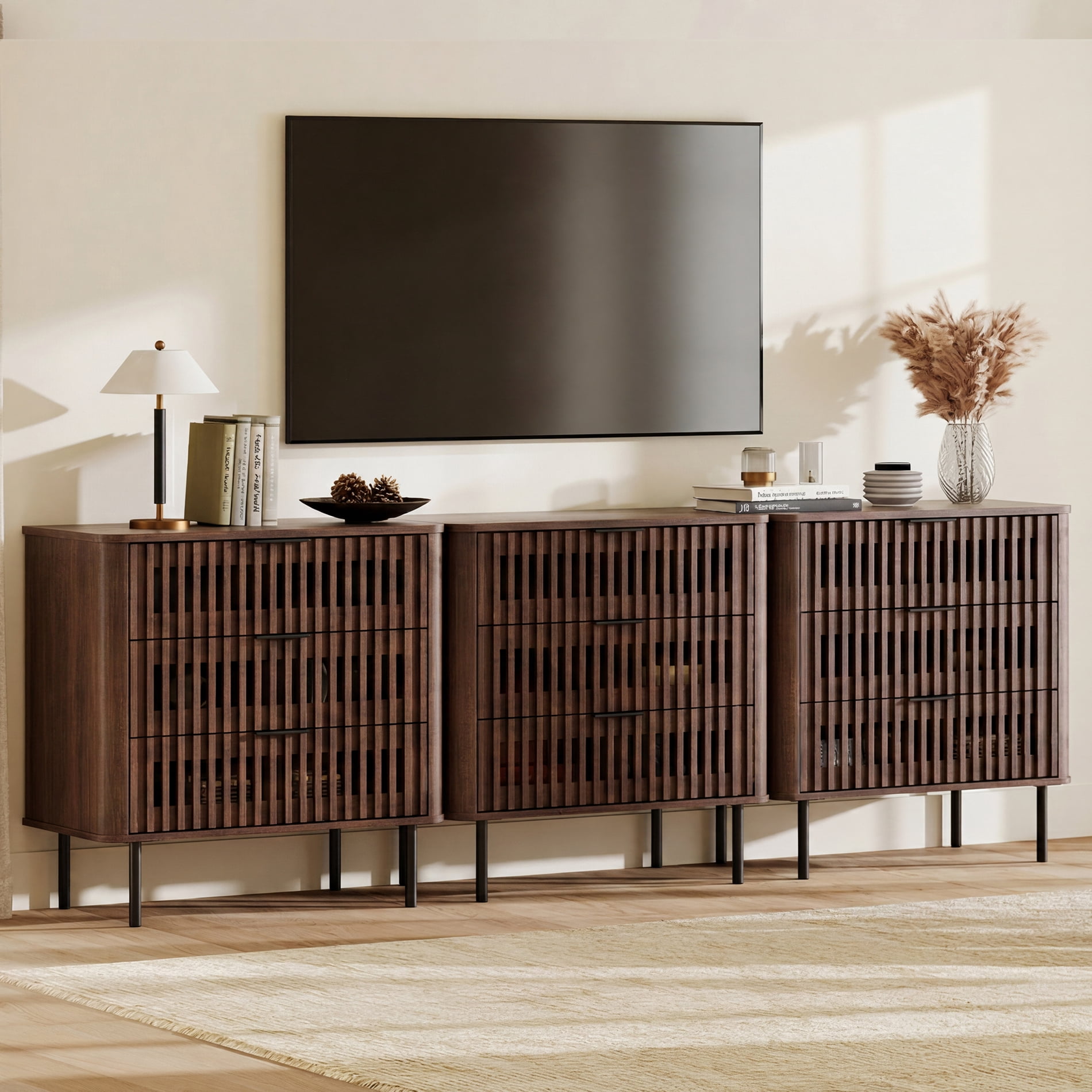 94.5" W Modern TV Stand with 9 Slatted Storage Drawers, Mid-Century Modern Media Console for Living Room/Bedroom, 3 in 1, Walnut