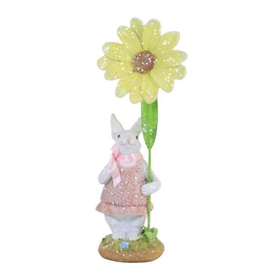 Easter Bunny In Pink Dress Figurine Polyresin Glittered Daisy Flower 20372A