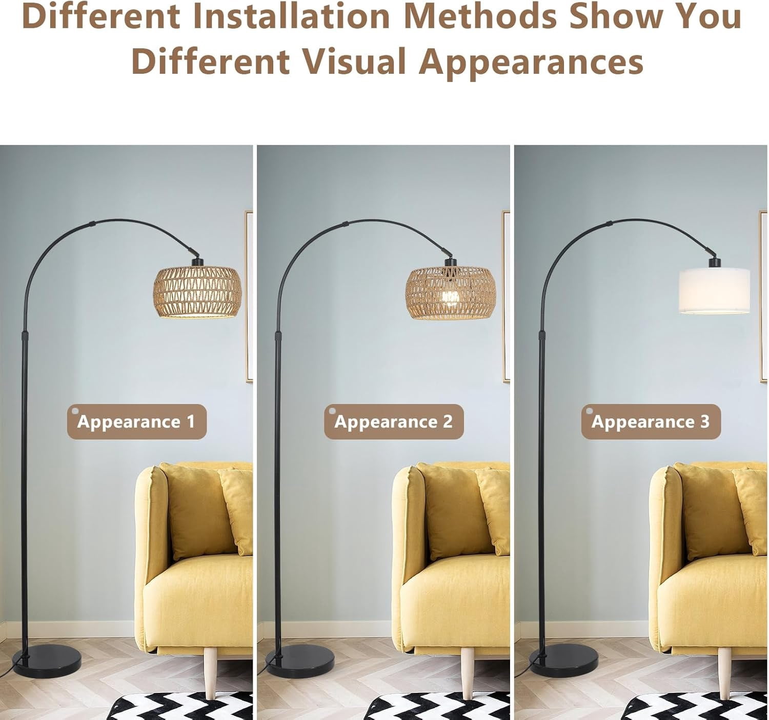 Arc Floor Lamp for Living Room, Black Standing Lamp with Remote and Dimmable LED, Rattan Boho Design