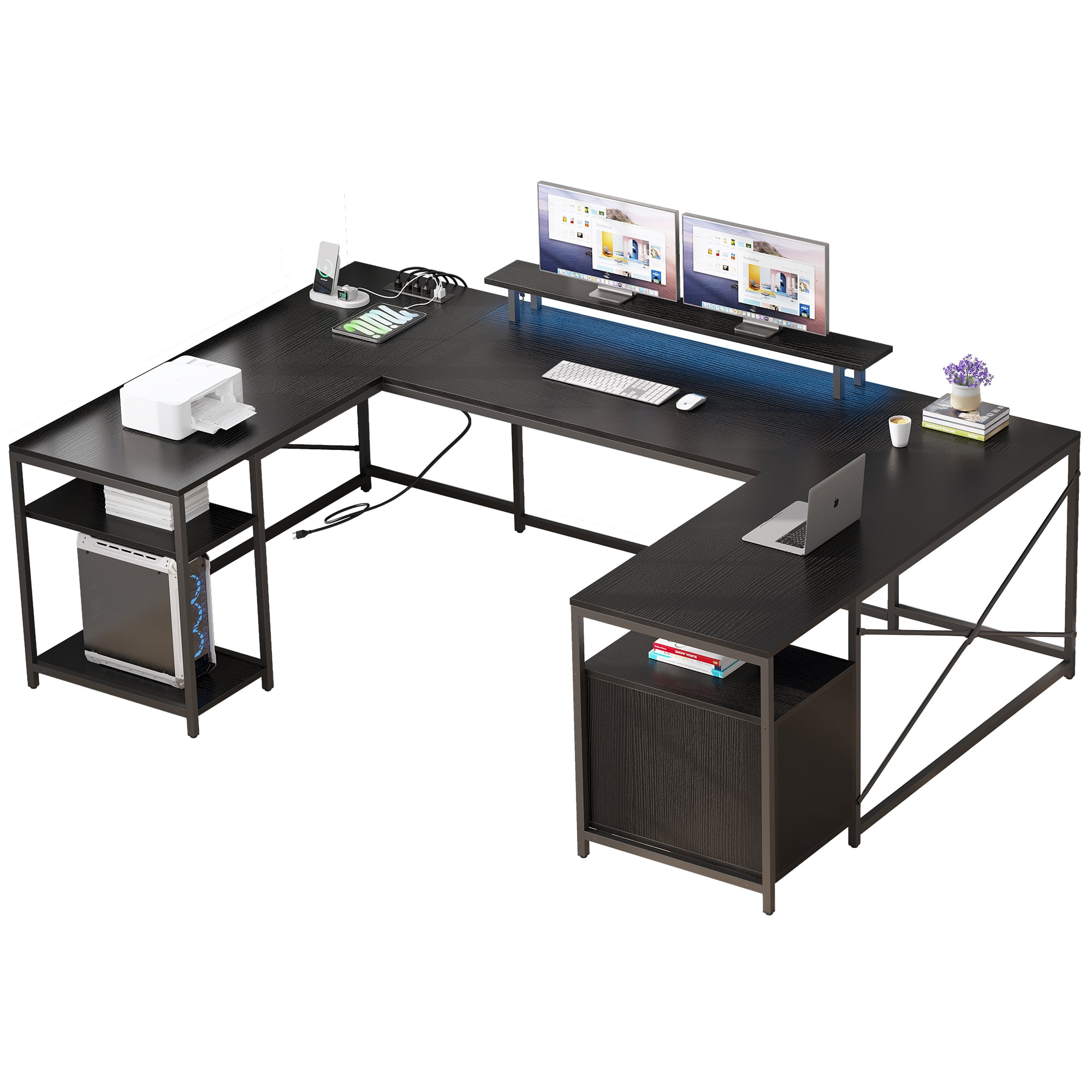 Dextrus L Shaped Desk with Power Outlets & LED Lights, Reversible Computer Desk with Drawers & Storage Shelves, Large U Shaped Desk, Black