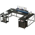 thumbnail image 4 of Dextrus L Shaped Desk with Power Outlets & LED Lights, Reversible Computer Desk with Drawers & Storage Shelves, Large U Shaped Desk, Black, 4 of 12