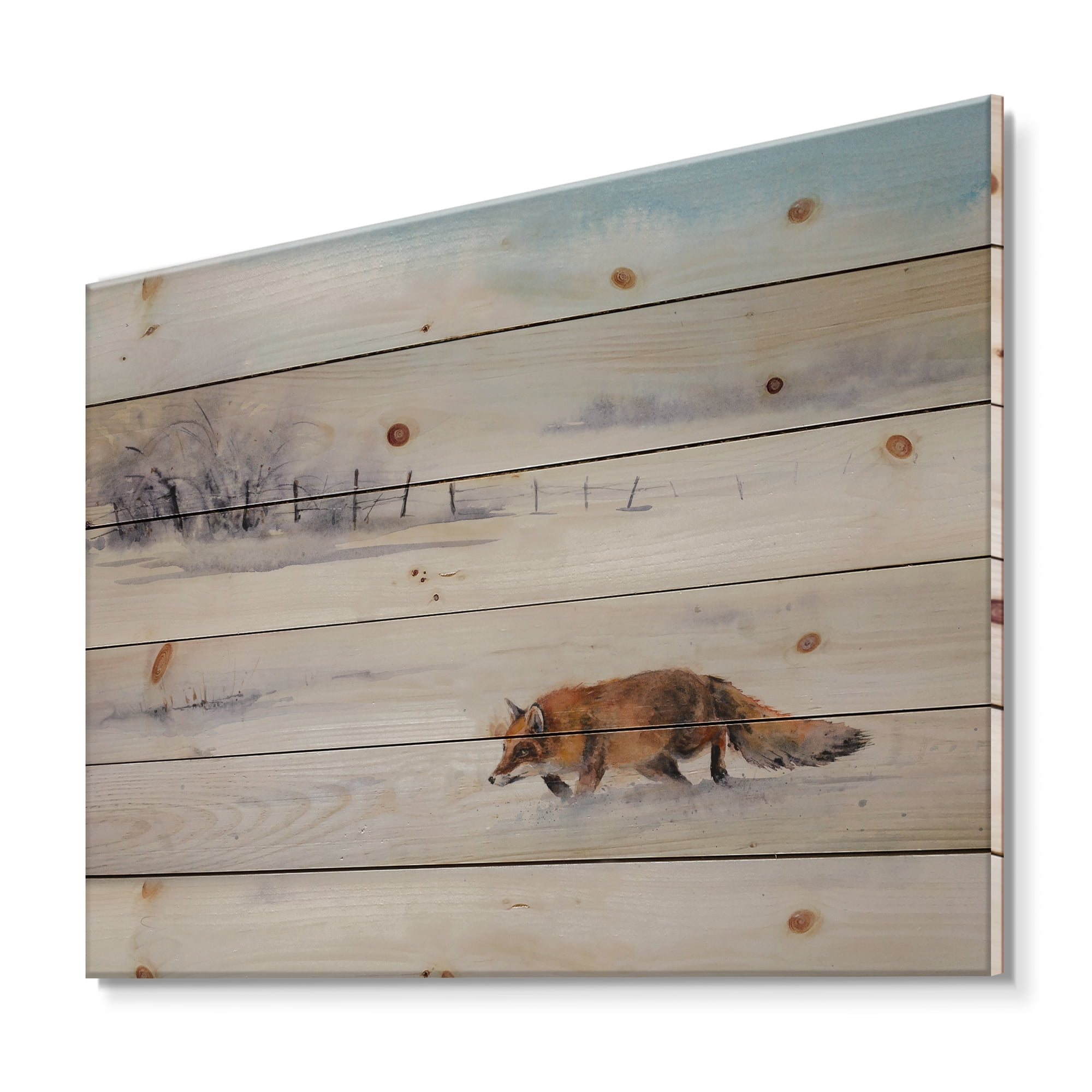 Designart 'Red Fox Running In White Snow in Countryside I' Farmhouse Print on Natural Pine Wood