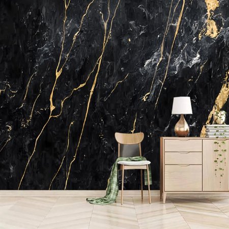 Nordic Black Marble Background 3D Wall Murals Wallpaper, Deluxe Gold Crackle Wall Poster Tv Background Decorative, Fresco Photo for Living Room Bedroom Dining Room-137.8" W x 100" H