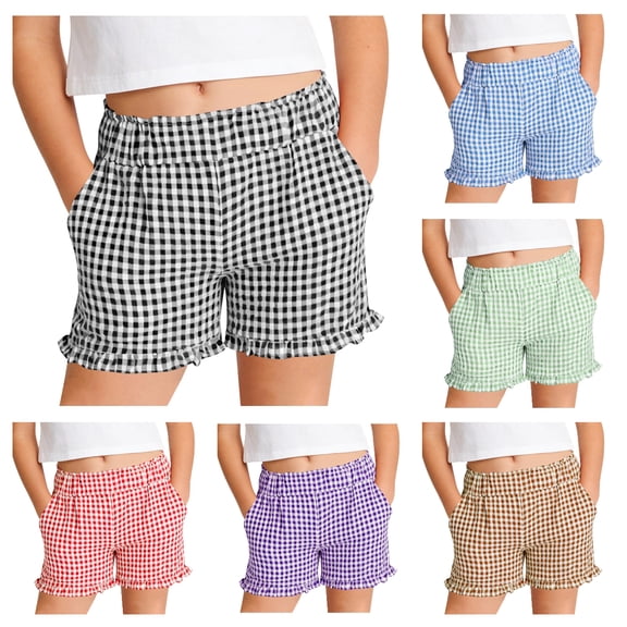 HAOTAGS Girls Cotton Shorts,Adjustable Waist Ruffled Hem Summer Patch Pocket Shorts Black 9-10