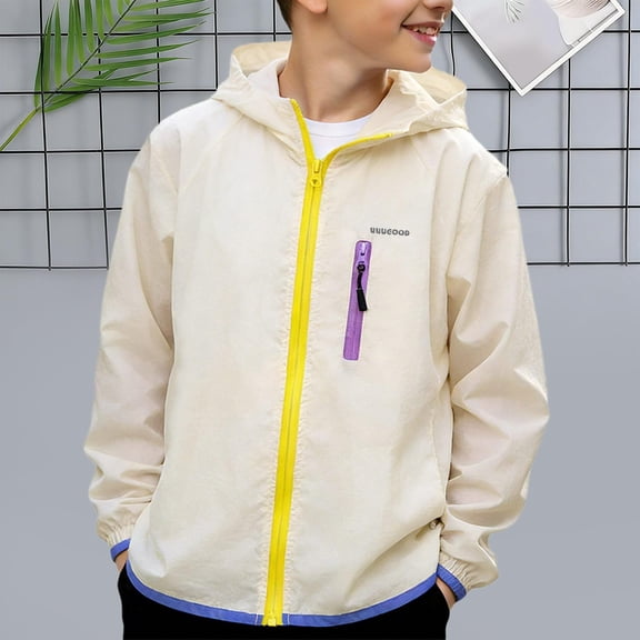 Big Boys Summer Thin Zip Hooded UPF Sun Protection Jacket Breathable Outdoor Coat Beige 12-13 Years