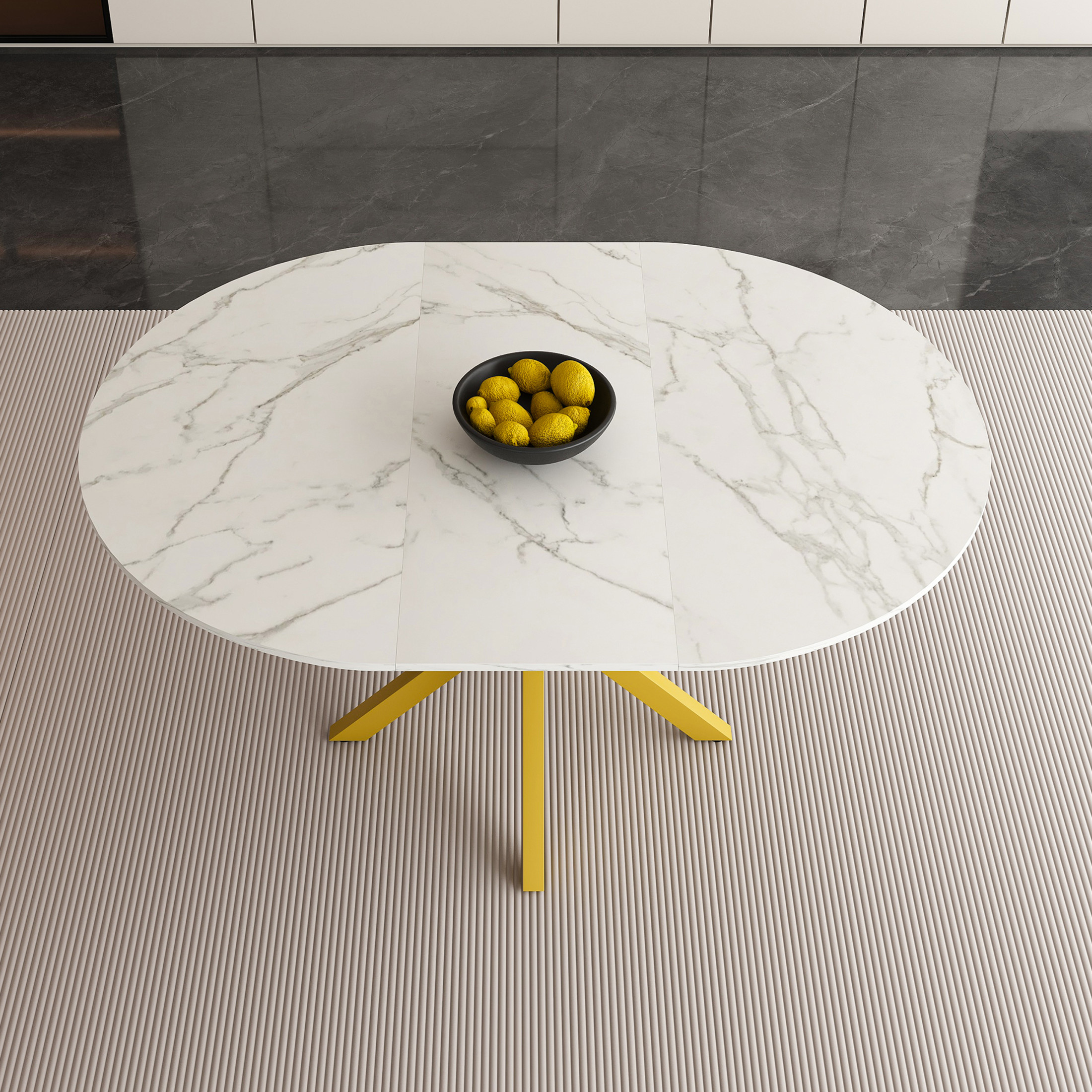 Noble House Modern 59" Round Extendable Dining Table with Marble Top, Steel X-Base, 4-6 Person, White