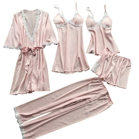 Fashion Summer Plus Size Pajama Set for Women Lace Nightwear Underwear Babydoll Dress 5Pc Suit Nightgowns Sleepwear Pink