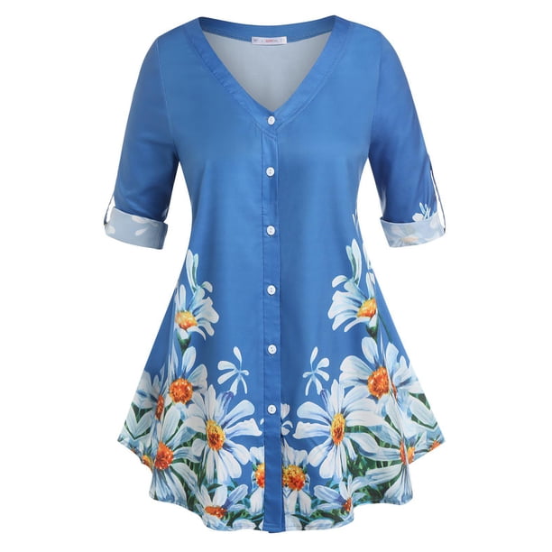 Tallas de talla grande Floral Roll Up Steeve Top