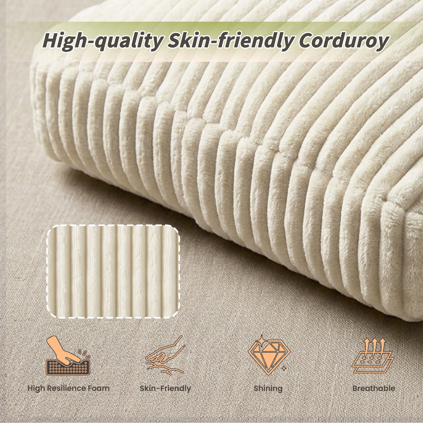 Queen Size Upholstered Bed Surround, Soft Corduroy Cushioned Bed Surround with High-Density Sponge, Low Profile Bedroom Bed Surround, Cream, Bed Frame Not Included