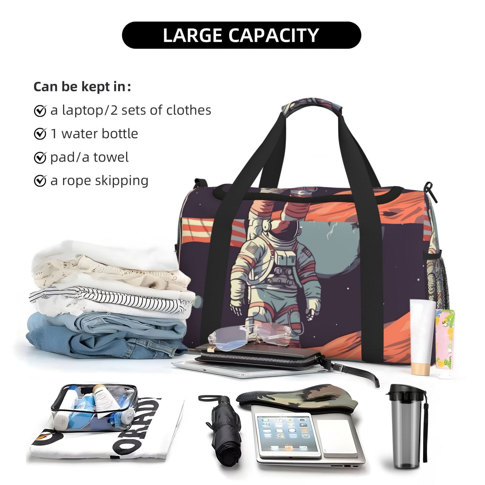 Fuzoiu Astronaut With American Flag Print Travel Duffle Bag,Carry On Tote Bags,Duffel Bag,Sport Gym Bag, Hospital Bag for Labor and Delivery, Overnight Bag,Luggage Bag