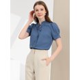 thumbnail image 4 of INSPIRE CHIC Women's Tie Neck Short Sleeve Shirt Puff Sleeve Button Front Lace Inset Stand Collar Blouse, 4 of 6