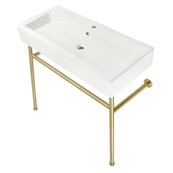 Kingston Brass VPB39177ST New Haven 39" Porcelain Console Sink with Stainless Steel Legs (1-Hole), White/Brushed Brass