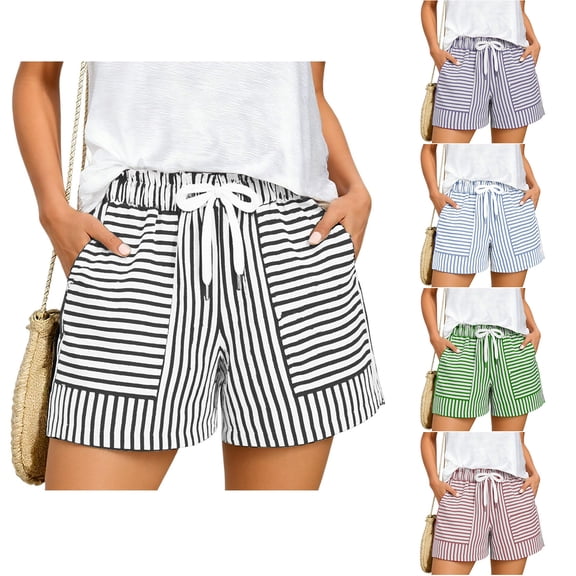 Admvng Striped Shorts for Women Drawstring Waist with Side Pockets Everyday & Vacation Wear