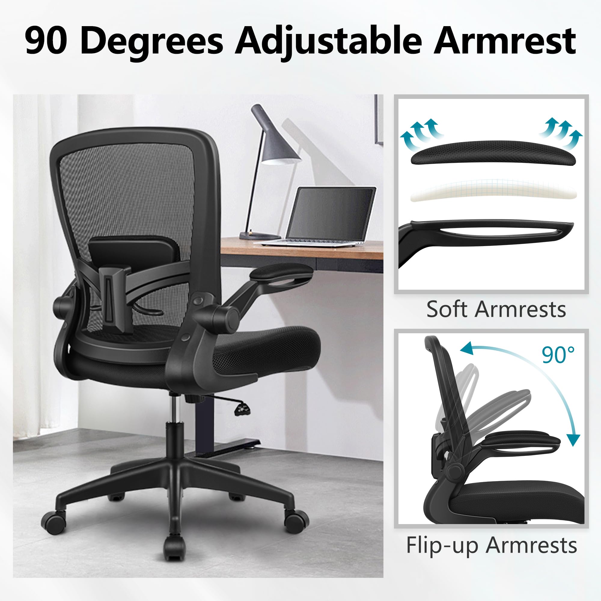 Office Chair, Ergonomic Desk Chair Breathable Mesh Chairs Adjustable High Back Lumbar Support Flip-up Armrests, Executive Rolling Swivel Comfy Computer Chairs Home Office Black