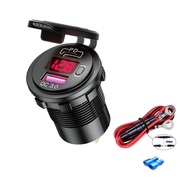 Cargador USB 60W Para Auto Con Interruptor Y Voltímetro - Tipo C Y USB-A, Carga Rápida PD Para 12V/24V En Carro, Camión, Moto, RV