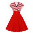 thumbnail image 1 of Robes d'Été Robe d'Été pour Femmes Manches Courtes Col en V Taille Rétractable Robe à Rayures Rouge m, 1 of 9