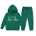thumbnail image 3 of Scyoekwg Girls 2 Piece Casual Sets Long Sleeve Crew Neck Heart Print Comfy Hooded Sweatshirt Pullover with Pocket Drawstring Sweatpants Outfits, Green, 9-10 Years, 3 of 5