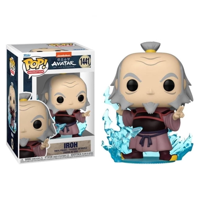figura funko pop iroh con rayos Multicolor — Vista frontal centrada de la figura de vinilo Iroh (9.5 cm aprox.), silueta Funko Pop con cejas y barba grises, túnica roja y morada y cinturón azul, base con efectos translúcidos azules que simulan rayos y fuego; caja con ventana y número 1441 visible, adecuada para exhibición y colección.