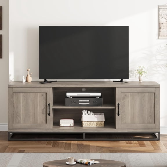 Farmhouse TV Stand for 75 in, Grey Entertainment Center with Sturdy Metal Leg & Adjustable Shelves, Wooden TV & Media Console Cabinet for Living Room Bedroom