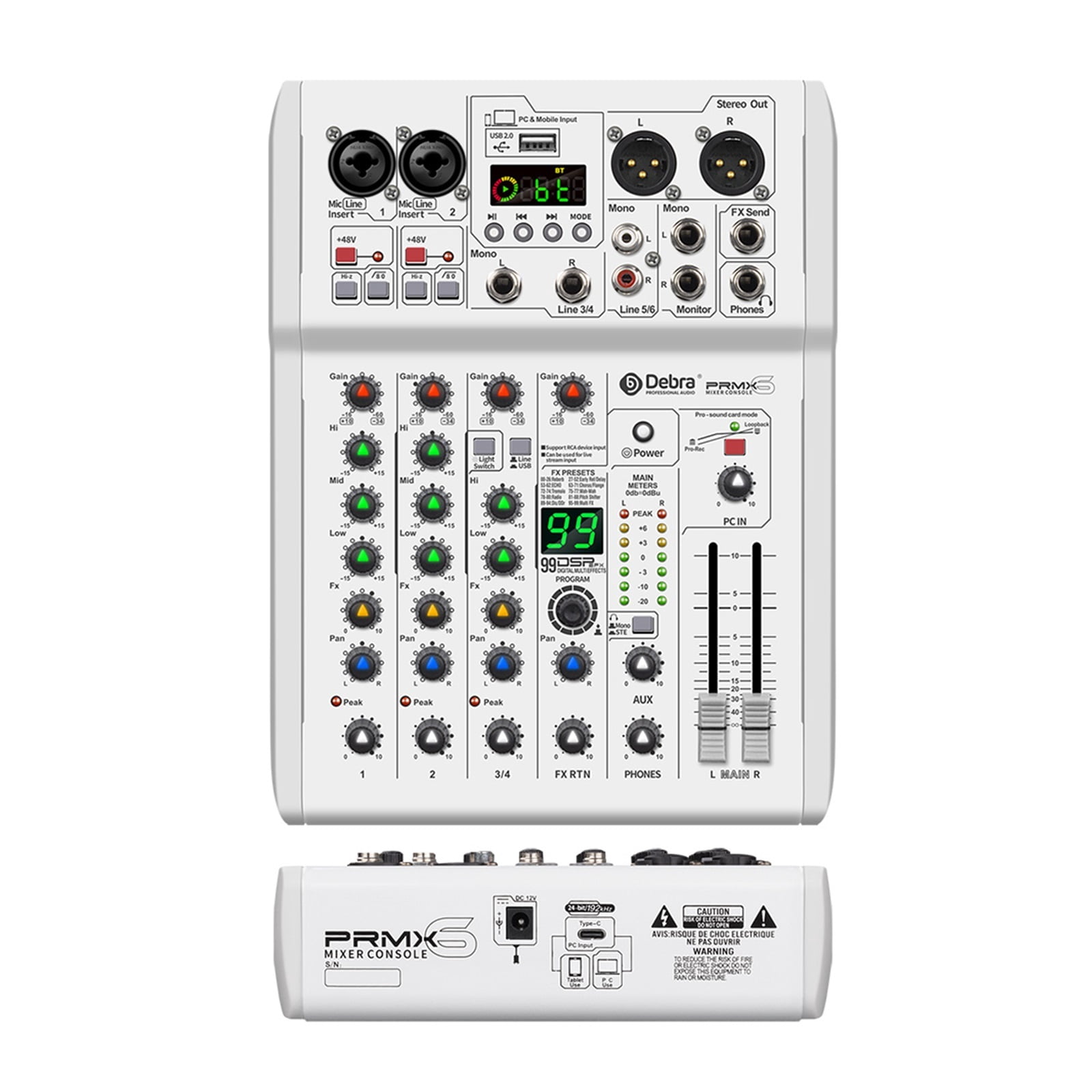 DJ Console Mixer 99 DSP Effects Mixing Console PRMX-6 With 5.0 BT 24bit/192k For Recording Musical Instrument ,Easy to Operate