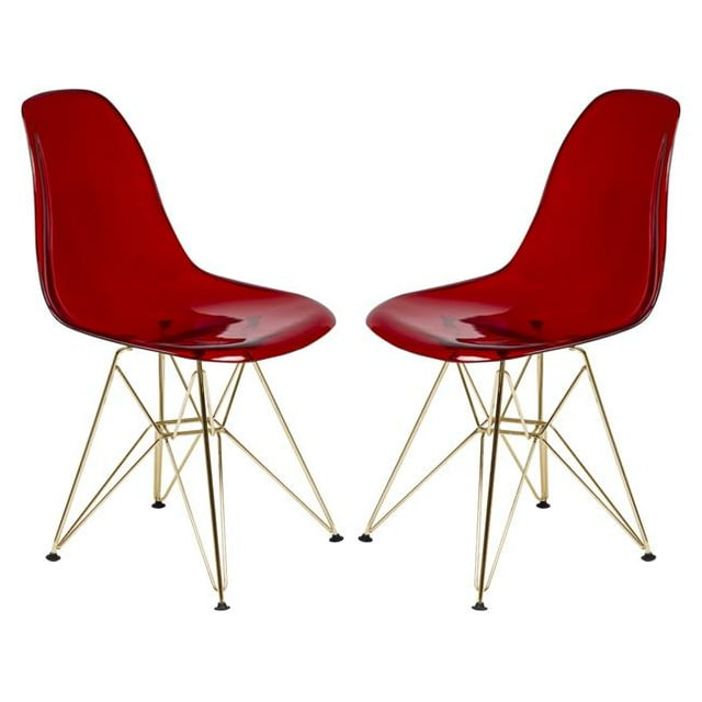 LeisureMod CR19TRG2 Chaise Latérale Eiffel Moulée avec Base Dorée - Rouge Transparent - Ensemble de 2