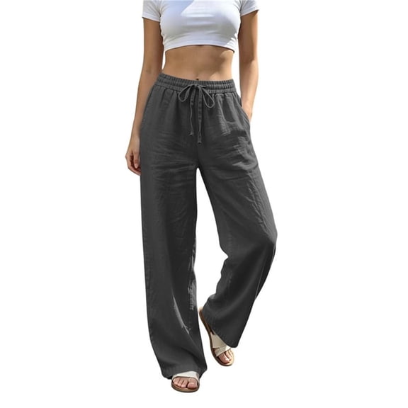 ZHYou No Boundarie Linen Pants for Women Wide Leg Drawstring Stretchy Waist Casual Loose Fit Lightweight Trousers with Pockets,Dark Gray,Size 3XL