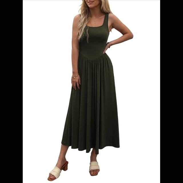 Vestido de Verano para Mujer, Sin Mangas, Cuello Cuadrado, Informal, para Playa, con Bolsillos, Tejido de Patchwork Fluido Verde L