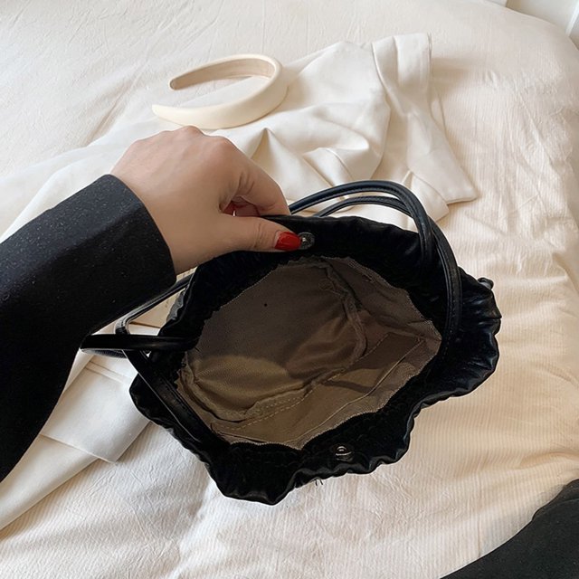 Bolso tipo cubo para mujer, bolso hobo con cordón, bolso de compras plisado (negro)