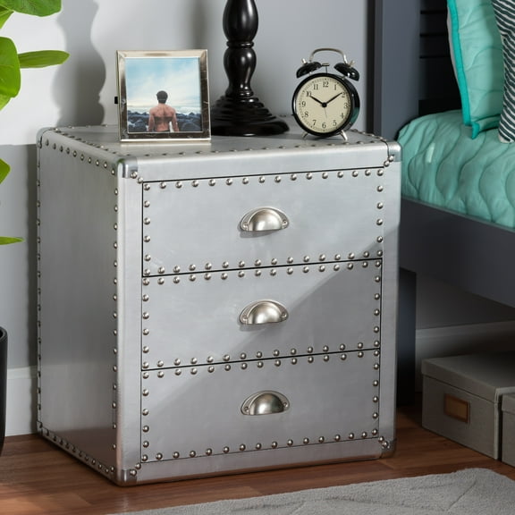 Baxton Studio Armel French Industrial Silver Metal 3-Drawer End Table