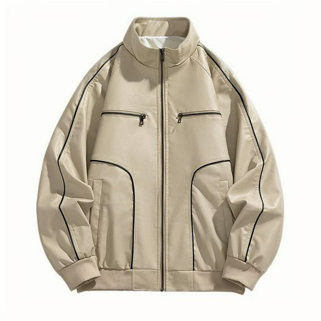Leather Coats for Men, Man Streak Solid Color Pockets Zipper Lapel Leather Coat