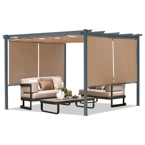 Aoodor 12 x 10 ft Outdoor Pergola with Retractable Shade Canopy, Dark Gray Matte Aluminum Frame, 4 Pieces Roller Shade Curtain, Grape Trellis Pergola for Patio Backyard -Dark Brown