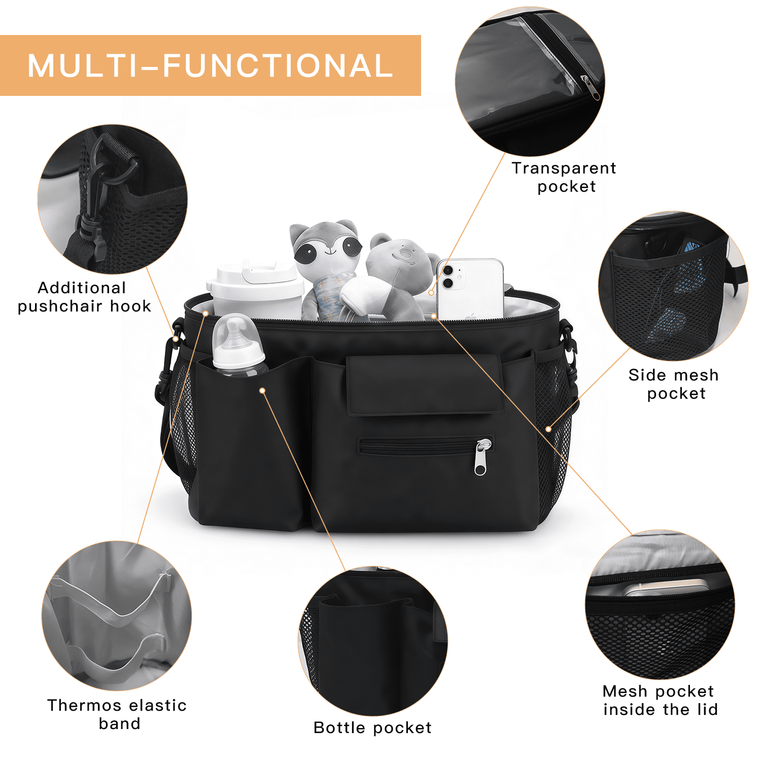 Universal Stroller Organizer Caddy - Large Capacity Waterproof Hanging Bag with Cup Holders, Phone Pocket & Detachable Strap for Strollers & Cribs (Black)