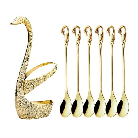 

7 Pcs Swan Base Holder Dinnerware Set Gold Spoon Cutlery -A