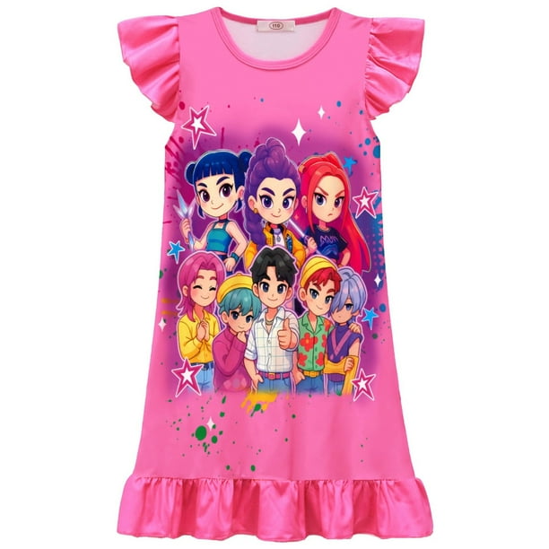 Kpop Demon Hunters Pajamas Dress Princess Anime Casual Dress Girl Skirt Princess Dress A-Line Skirt Summer Dress Demon Hunters Suit Pop Singer Great Gifts for Girls#Hot Pink 150