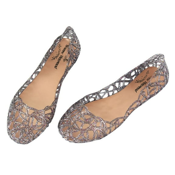 2025 Clearance! asdoklhq Flat Shoes for Women Women's Summer Beach Jelly Sandals Slip On Flats Hollow Casual Breathable Pumps Silver 38
