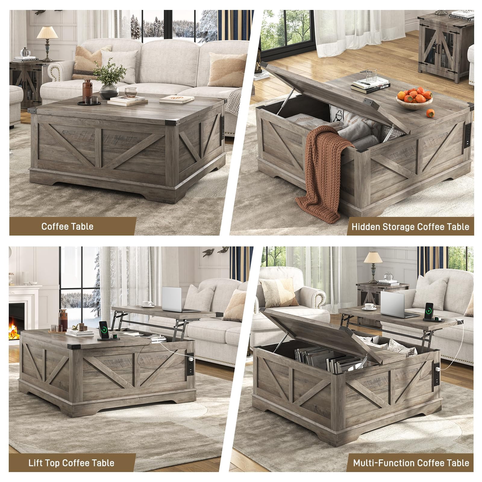 40" Large Farmhouse Lift Top Coffee Table with Power Outlets, Square Wood Living Room Table with Large Hidden Storage, Multi-Function Lift Wooden Barn Door Center Table, Gray