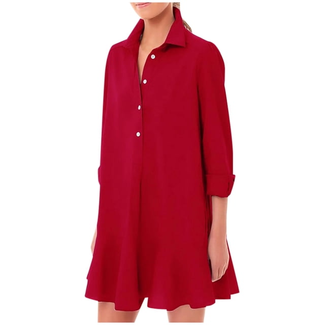 Vestido camisero de manga larga liso para mujer: bajo con volantes, cuello vuelto, informal/oficina