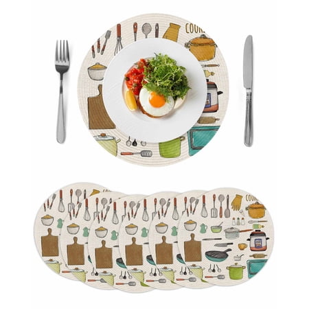 Kitchenware Round Placemats Set of 6 for Dinning Tables Heat-proof Braided Table Mats 13 Inch Vintage Kitchen Cooking Tool Retro Beige Washable Place Mat for Kitchen Restaurant Party Table Decor